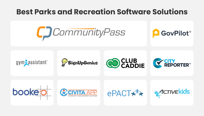 Logos of the parks and recreation management software solutions discussed below